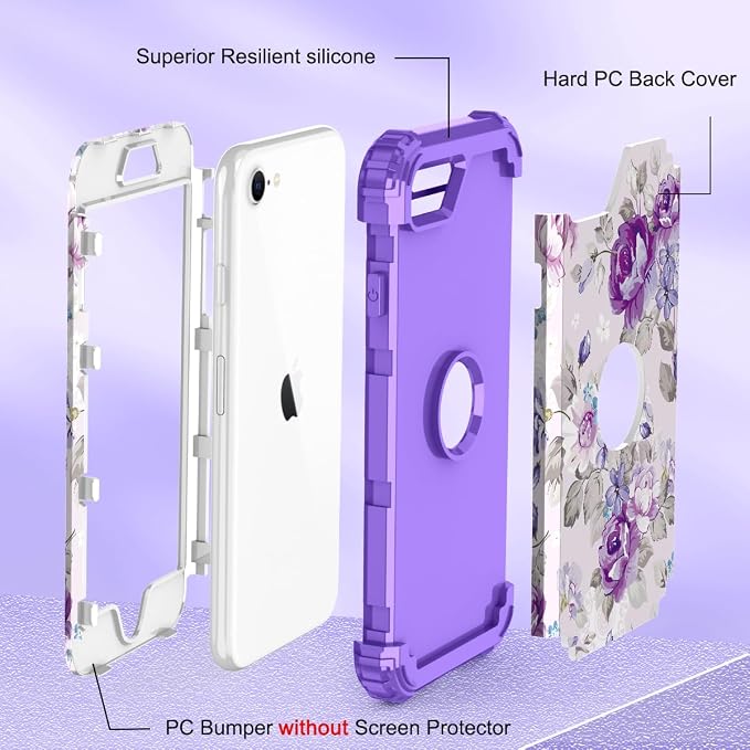 Hocase for iPhone SE 2022/2020 Case, Heavy Duty Shockproof Protection Hard Plastic+Silicone Rubber Hybrid Protective Case for iPhone SE 3rd/2nd Generation (4.7") - Lavender Flowers