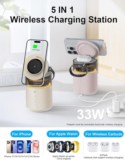 5-in-1 Wireless Charging Station with Bluetooth Speaker,Magnetic Charger with Night Light,Charger Stand with 33W Adapter Compatible with Apple Watch&iPhone 17 16 15 14 13 Pro Max&Wireless Earbuds Pink