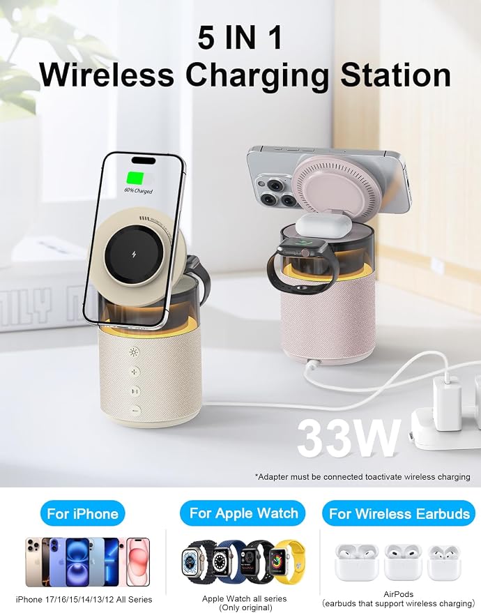 5-in-1 Bluetooth Speaker with Wireless Charging Station,Magnetic Charger with Night Light,Charger Stand with 33W Adapter Compatible with iWatch iPhone 17 16 15 14 13 12 Pro Max Wireless Earbuds