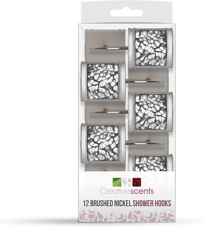 Creative Scents Crackled Glass Silver Shower Curtain Hooks Decorative - Set of 12 Shower Curtain Rings for Bathroom Shower Rod - Elegant Crackled Glass Shower Curtain Hooks