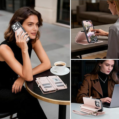 Strapurs for iPhone 17 Pro Detachable Wallet Case Compatible with Magsafe, RFID Blocking 9-Card Holder Zipper Wrist Strap Lanyard PU Leather Magnetic Phone Case for iPhone 17 Pro 6.3", Rose Gold