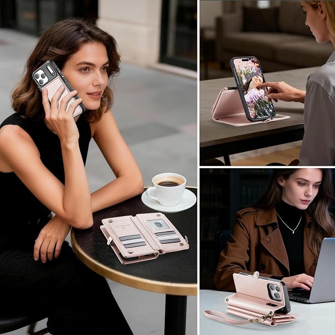 Strapurs for iPhone 17 Pro Max Detachable Wallet Case Compatible with Magsafe, RFID Blocking 9-Card Holder Zipper Strap Lanyard PU Leather Magnetic Phone Case for iPhone 17 Pro Max 6.9", Rose Gold