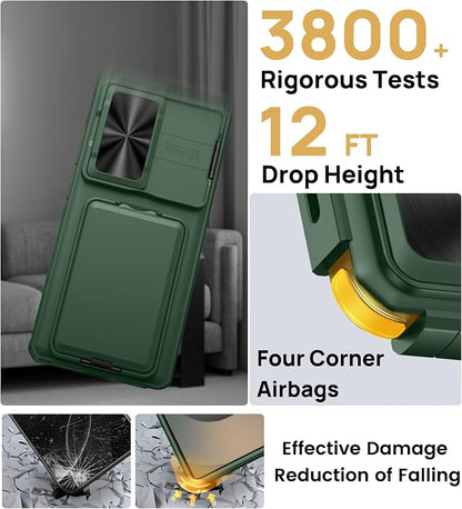 SSLOTSCASE for Samsung Galaxy S25 Ultra Case with Card Holder & Camera Cover Stand & Slide Lens Cover, Multifunctional Rugged Wallet Phone Case Cover for Galaxy S25 Ultra 6.9'', Green