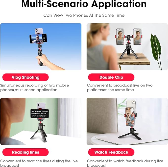 Manbily Phone Tripod Mount Adapter, 360° Rotatable Dual Cell Phone Holder Clip, Adjustable Clamp with 4 Cold Shoe, for Tripod Monopod Selfie Stick Vlog Live Streaming Video Recording