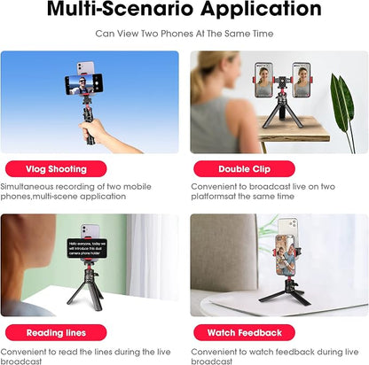 Manbily Phone Tripod Mount Adapter, 360° Rotatable Dual Cell Phone Holder Clip, Adjustable Clamp with 4 Cold Shoe, for Tripod Monopod Selfie Stick Vlog Live Streaming Video Recording
