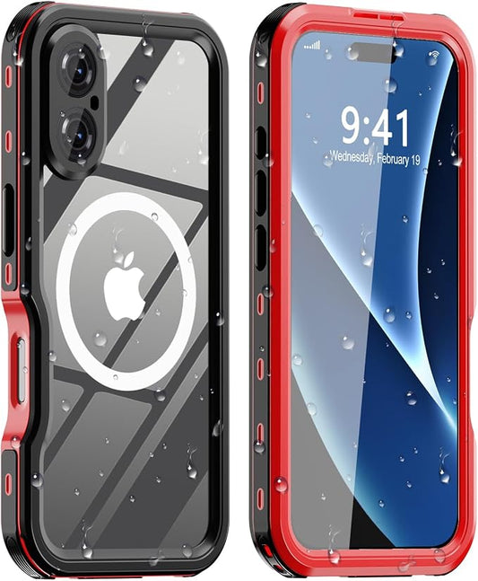 for iPhone 16 Case Waterproof | Full Body Shockproof Dust Proof Phone Case Cover with Screen Protector - Red