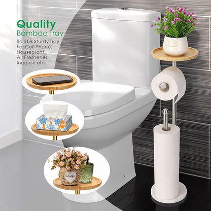 Toilet Paper Holder Stand with 7.9" Big Bamboo Tray, 2.2Lbs Heavier Marble Base, Floor Standing Paper Holder Stand with Phone Shelf, Reserve for 4 Rolls (Brushed Nickel)