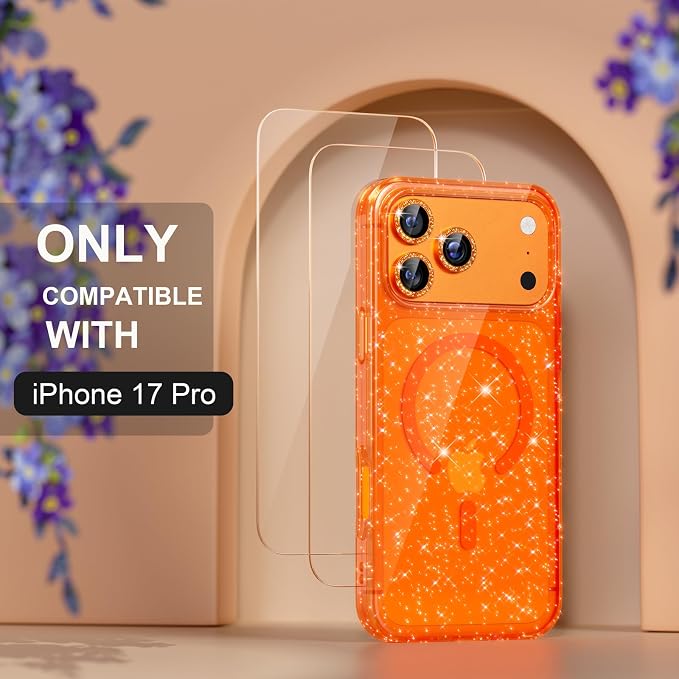 Choiche Magnetic for iPhone 17 Pro Case Compatible with MagSafe, Women Cute Glitter Sparkly Phone Case with Diamond Camera Lens Protectors, Military-Grade Drop Protection 6.3" (Orange)