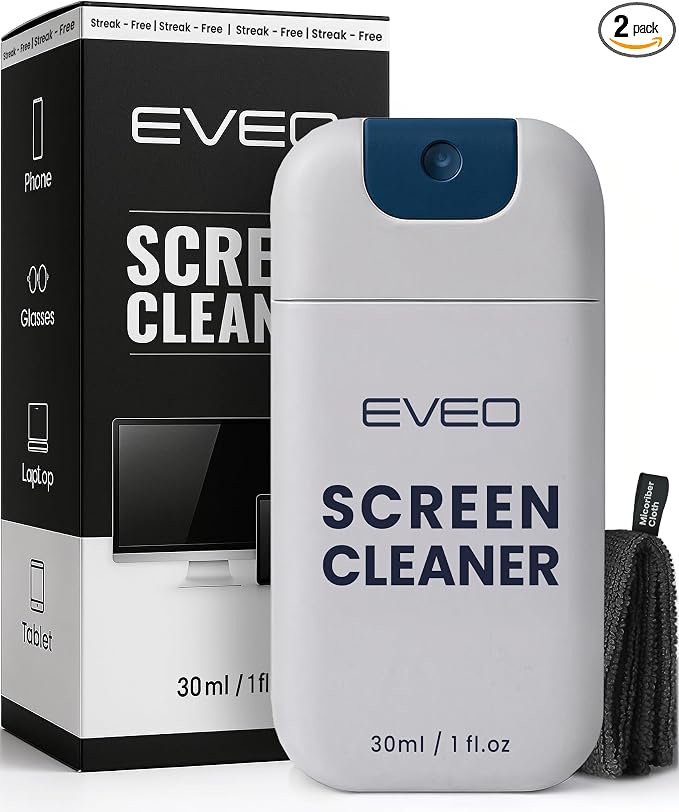 EVEO Computer Screen Cleaner Spray Kit- Portable Laptop Screen Cleaner, Phone Cleaner & Monitor Cleaner + Microfiber Cloth - Car Screen Cleaner for MacBook, iPad and More Electronic Devices - (1 Pack)