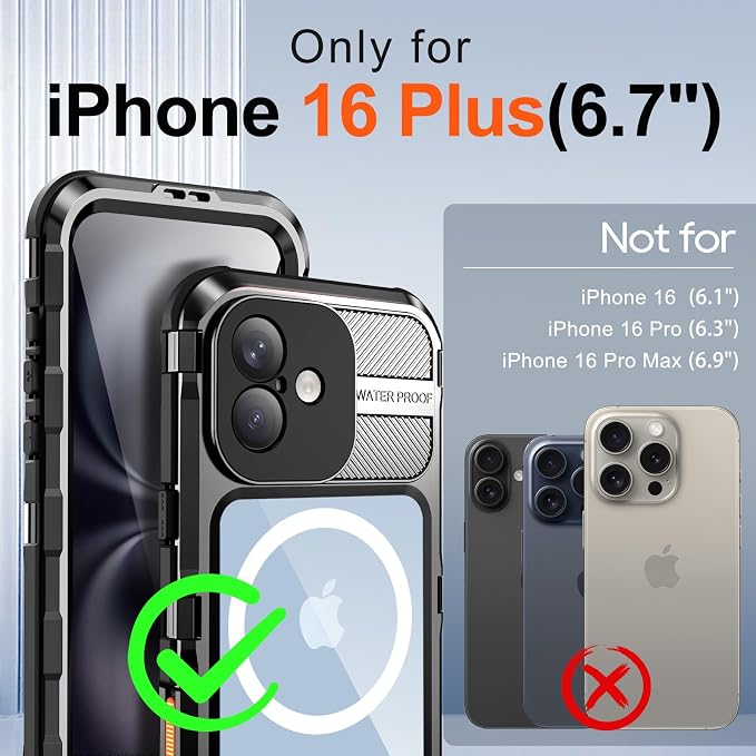 WIFORT for iPhone 16 Plus Waterproof Case - Metal Heavy Duty [Built-in Screen Protector] [14FT Military Shockproof] [Fit for MagSafe], IP68 Full Body Rugged Water Proof Magnetic Cover, 6.7" Black