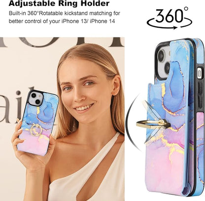 HAOPINSH for iPhone 13/ iPhone 14 Wallet Case with Card Holder, 360°Rotation Ring Kickstand, Pink Blue Marble Pattern, RFID Blocking Leather for Girls Women, Double Buttons Protective Cover 6.1"