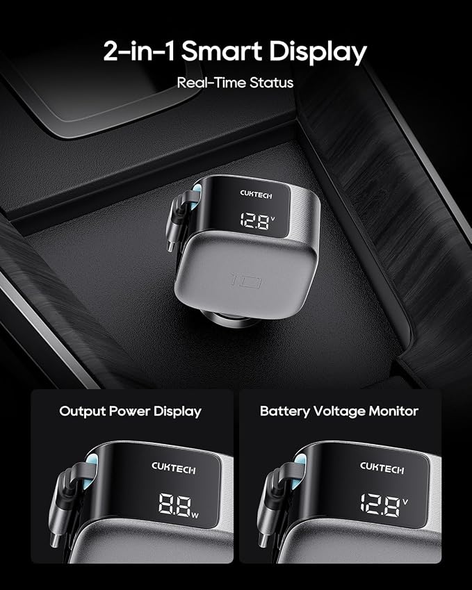 CUKTECH 85W Car Charger with Built-in Retractable Cable(2.3ft), 3-Port(2C1A) GaN Car Adapter, Smart LED Display, Power and Voltage Monitor, for MacBook, iPhone 17/16/15, Galaxy S26/25/S24, Pixel 10/9