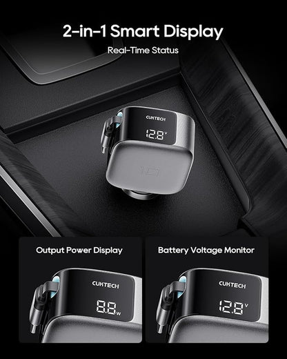 CUKTECH 85W Car Charger with Built-in Retractable Cable(2.3ft), 3-Port(2C1A) GaN Car Adapter, Smart LED Display, Power and Voltage Monitor, for MacBook, iPhone 17/16/15, Galaxy S26/25/S24, Pixel 10/9