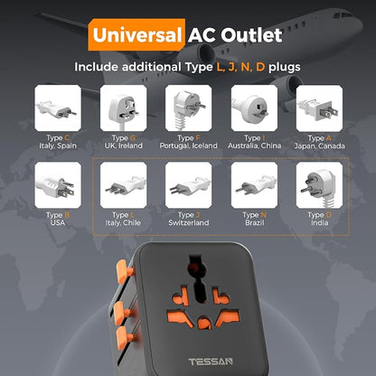 TESSAN Universal Travel Adapter, Black | 28W, 5 USB Ports (3 USB C), US to Europe UK France Germany Spain Australia, Type C G A I