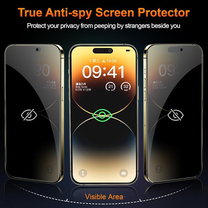 2 Pack for iPhone 14 Pro Max Privacy Tempered Glass Screen Protector 6.7 Inch, 9H Hardness, Scratch Resistant with Updated Easy Installation Tool