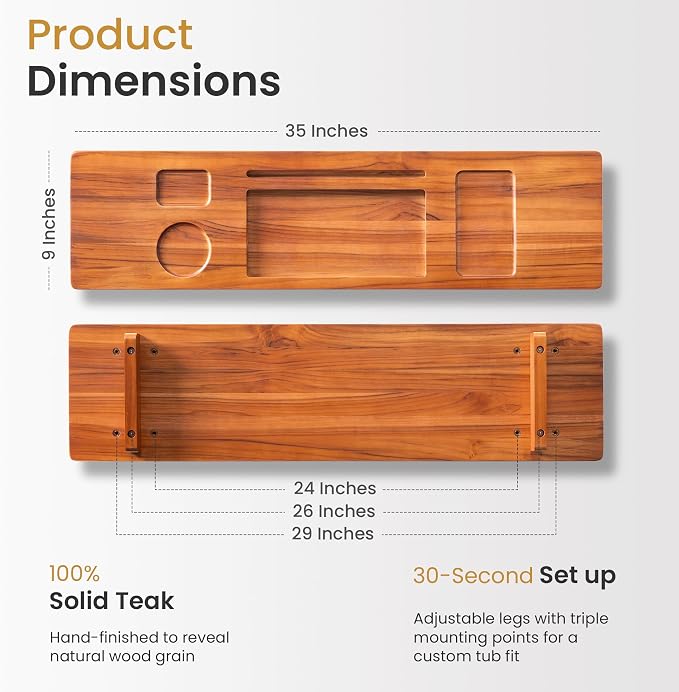 Luxury Teak Bathtub Caddy Tray - 35" Expandable Bath Bridge for Freestanding & Standard Tubs - Water-Resistant Solid Wood Spa Organizer with Wine Glass, Phone Holder & Non-Slip Grips