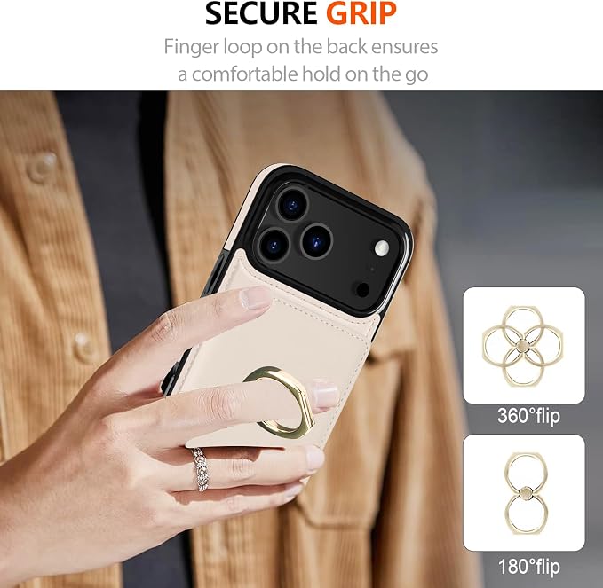 LOHASIC for iPhone 17 Pro Max Case Wallet with Card Holder, 360° Rotation Ring, RFID Blocking, 5 Card Slots, PU Leather 6.9" Cover for Apple 17 Pro Max Men Women, Ivory White