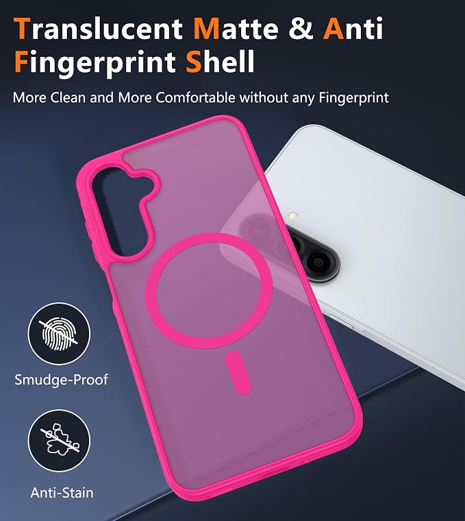 FNTCASE for Galaxy A26 5G Phone Case: Magnetic Matte Translucent Military Grade Drop Protection Cell Phone Cover - Slim Rugged Durable Shockproof Protective for Samsung A26 Cases - Hot Pink