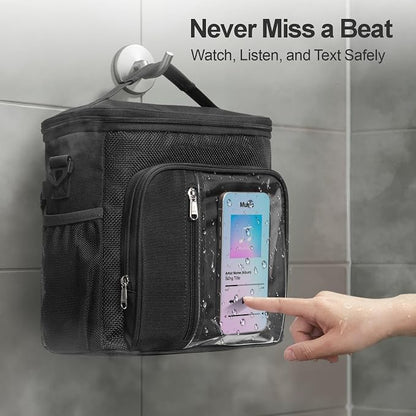 F-color Crossbody Shower Caddy with Phone Holder - Hands-Free Portable Toiletry Bag Fits Full-Size Bottles, Quick Dry Mesh Hanging Tote for College Dorm Essentials, Camping, Gym, Travel, Large, Black