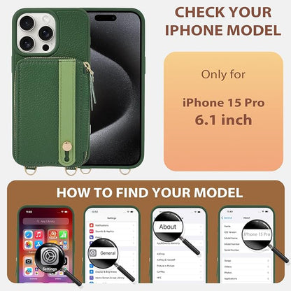 LAMEEKU for iPhone 15 Pro Wallet Case, Zipper Leather Card Slots Crossbody Cover Wrist Strap Lanyard with Phone Grip Holder Stand for iPhone 15 Pro 6.1 inch Dark Green