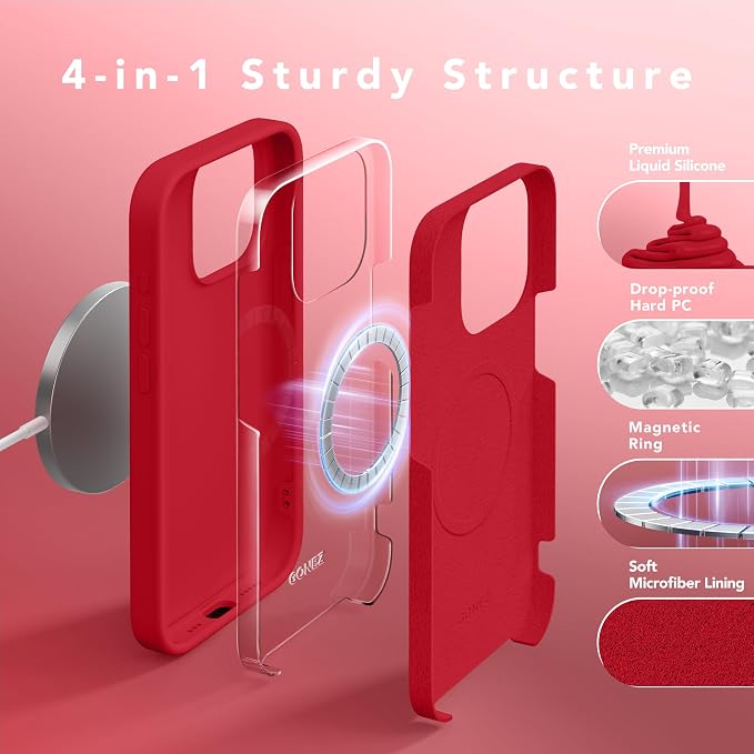 GONEZ Magnetic for iPhone 15 Pro Case, Compatible with MagSafe, [Screen Protector + Camera Lens Protector], Silicone Shockproof Anti-Scratch Protective Phone Case 6.1 inch, Red