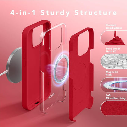 GONEZ Magnetic for iPhone 15 Pro Case, Compatible with MagSafe, [Screen Protector + Camera Lens Protector], Silicone Shockproof Anti-Scratch Protective Phone Case 6.1 inch, Red