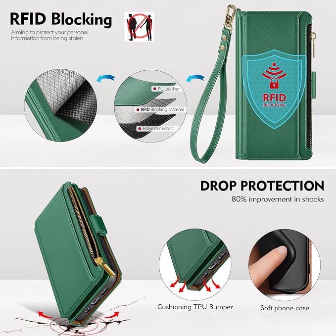 Antsturdy Compatible with iPhone 17 Pro Wallet Case Women,RFID Blocking PU Leather Phone Case Men Kickstand Flip Cover Wrist Strap Zipper Credit Card Holder Slots for Apple 17 Pro 6.3",Green