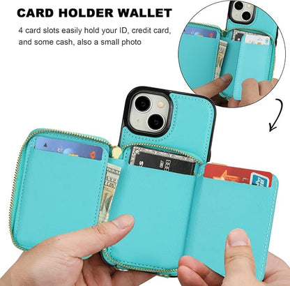 Bocasal RFID Blocking Wallet Case for iPhone 15, Adjustable Crossbody Zipper Purse Case Card Holder with Kickstand Detachable Wrist Strap, PU Leather Flip Folio Case 6.1 Inch 5G (Mint Green)
