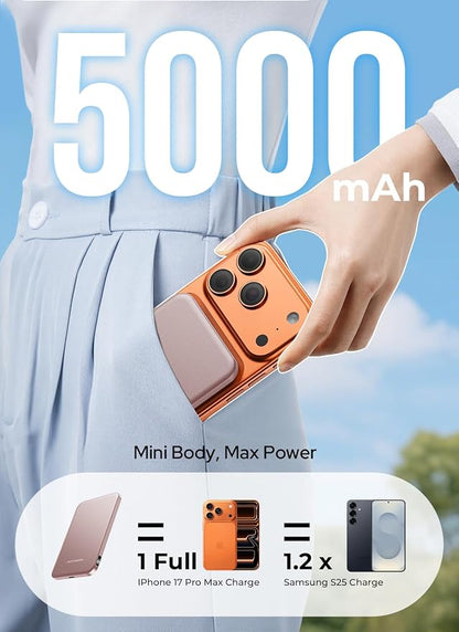 Magnetic Portable Charger, 5000mAh Ultra Slim Power Bank, 15W Fast Charging for Magsafe Battery Pack, Travel Essential Wireless Charger Compatible with iPhone 17/16/15 Series - Rose Gold