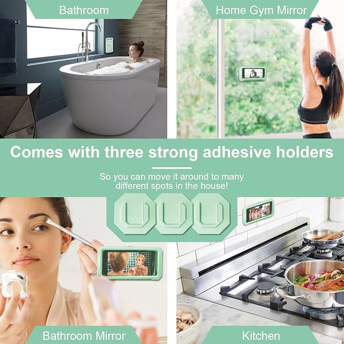 URROY Shower Phone Holder Waterproof, 360° Rotation Shower Phone Case, Anti-Fog High Sensitivity Universal Cover Mount Stand for Bathroom Wall Mirror Bathtub Kitchen, Gift for Men Women Mint Green