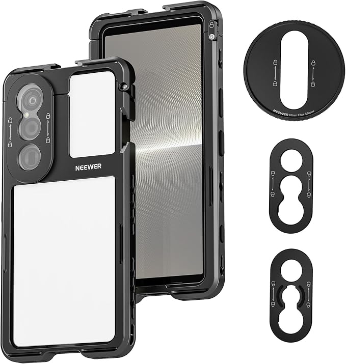 NEEWER Xperia 1 V Cage, Quick Release Video Rig Case Phone Stabilizer Holder for Recording Filming, 67mm Filter Adapter, 17mm Lens Backplate, T Mount Lens Backplate Compatible with Moment Sony, PA087