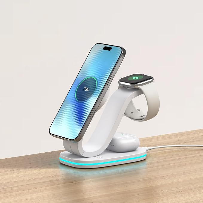 3 in 1 Charging Station for iPhone, Qi2 15W Charger Station Compatible Mag-Safe with iPhone 17 16e 16 15 14 13 12 11 X Pro Max & Apple Watch - Wireless Charging Station for AirPods (White 3 in 1)
