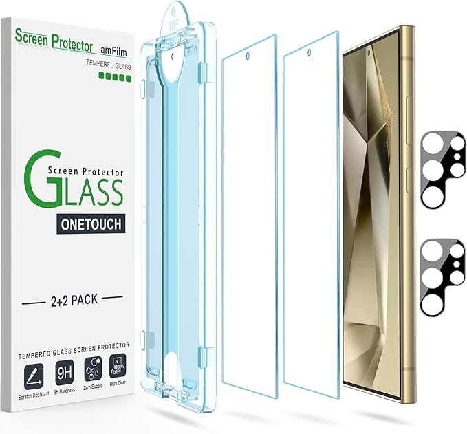amFilm Auto-alignment OneTouch for Samsung Galaxy Screen Protector + Camera Lens Protector, Tempered Glass, 30 seconds Installation, Bubble Free, Case Friendly, Anti-Scratch [2+2 Pack] (S24U-6.8")