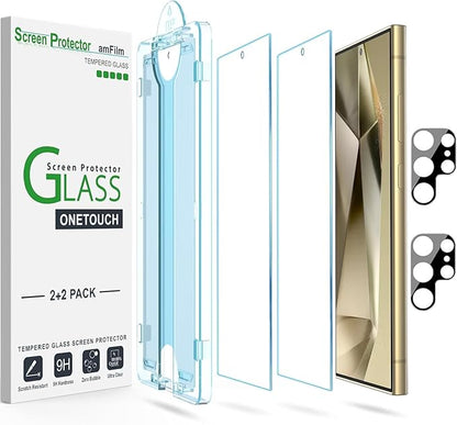 amFilm Auto-alignment OneTouch for Samsung Galaxy Screen Protector + Camera Lens Protector, Tempered Glass, 30 seconds Installation, Bubble Free, Case Friendly, Anti-Scratch [2+2 Pack] (S24U-6.8")