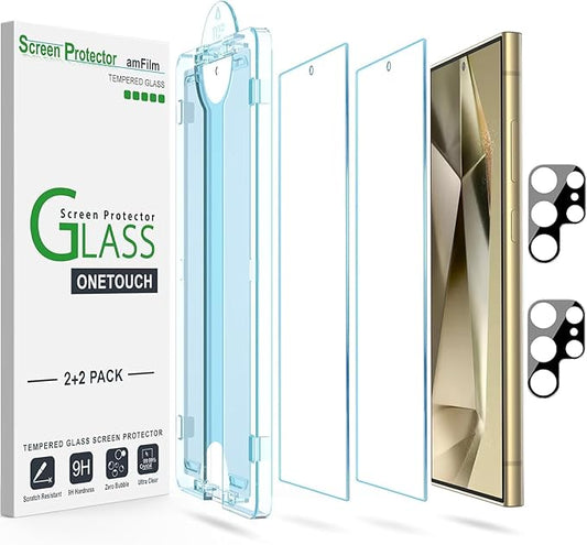 amFilm Auto-alignment OneTouch for Samsung Galaxy Screen Protector + Camera Lens Protector, Tempered Glass, 30 seconds Installation, Bubble Free, Case Friendly, Anti-Scratch [2+2 Pack] (S24U-6.8")
