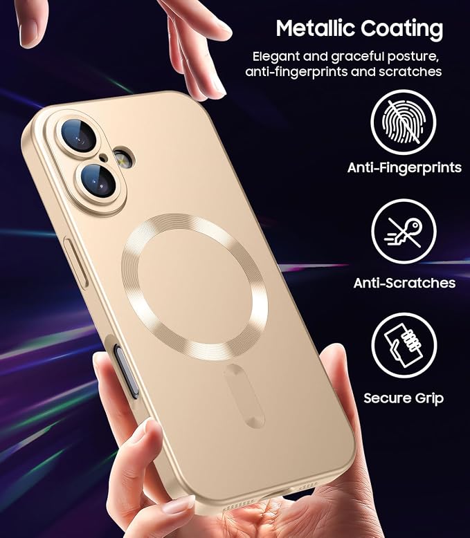 Magnetic for iPhone 17 Case [Compatible with MagSafe][Built-in Camera Lens Protector] Slim Thin Soft Silicone Bumper Shockproof Metallic Luster Phone Case (Gold)