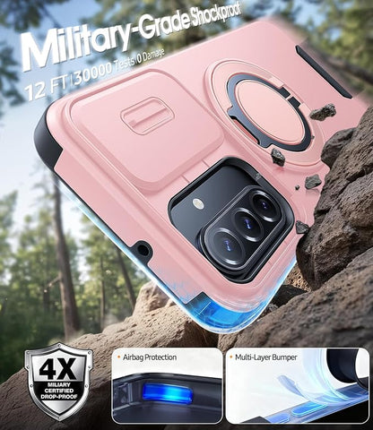 JAME for Samsung Galaxy A57 5G Case, Ring Holder Stand Kickstand, Slide Camera Cover, 2 Screen Protectors, Dual-Layer Shockproof Protective, Magnetic Accessory Friendly Galaxy A57 Phone Case, Pink