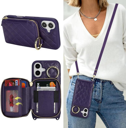 Crossbody Wallet Case for iPhone 17, PU Leather Zipper Handbag Purse Flip Cover, Kickstand Folio Case with Card Slots Holder Wrist Strap Lanyard 5G 6.3 Inch-Purple