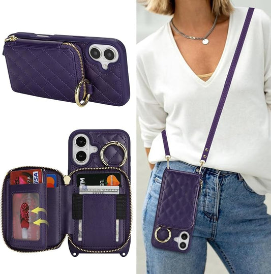 Crossbody Wallet Case for iPhone 17, PU Leather Zipper Handbag Purse Flip Cover, Kickstand Folio Case with Card Slots Holder Wrist Strap Lanyard 5G 6.3 Inch-Purple