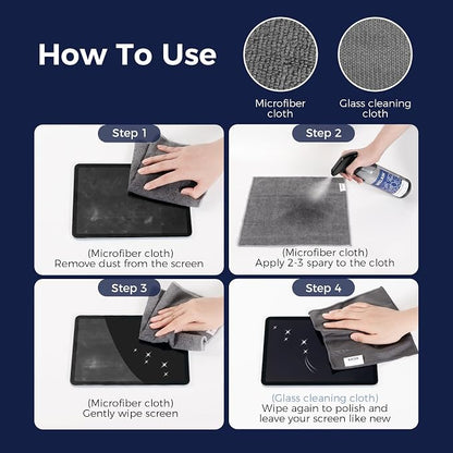 WELKIN Screen Cleaner Spray Kit (550ml + 60ml) - Cleaning Mist for TV, Laptop, Computer, Phone Touchscreen - 2 Sprayers，1 Microfiber Cloth & 1 Glass Wipe Included