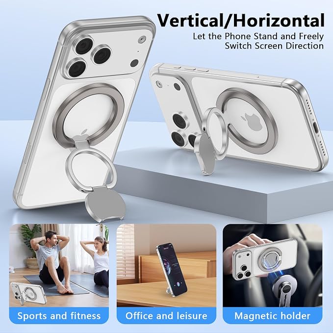 Magnetic Phone Ring Holder for MagSafe, Dual-Side Magnetics Gym Phone Grip Stand Ring Grip Kickstand for iPhone 17/16/15/14/13/12 Series MagSafe Case Android Phone, Compatible Magnetic Car Mount, Grey