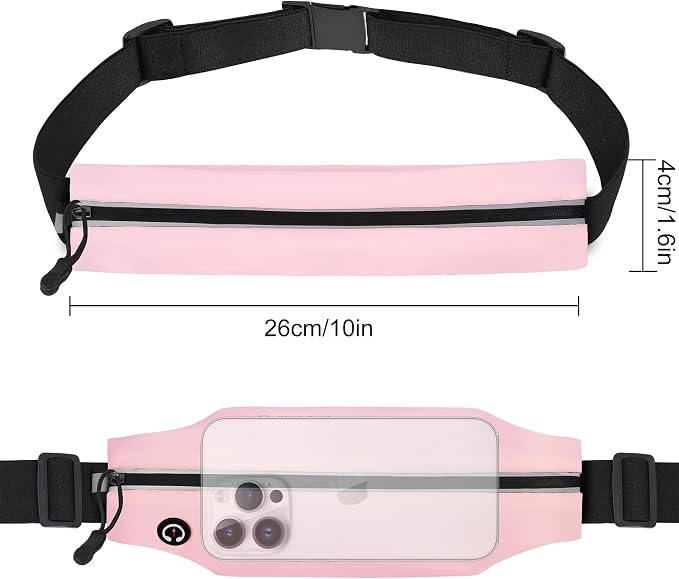 Slim Running Belt For Men and Women Waist Fanny Pack Phone Holder Pouch Bag Reflective Zipper Pocket Workout Cycling Fitness Light Pink
