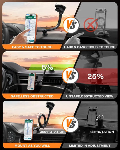 1Zero Magnetic Phone Car Mount 14-Inch Gooseneck Long Arm Extension, Universal Windshield Dashboard Industrial-Strength Suction Cup Car Phone Holder with Strong Magnets (2026 Upgraded for Magsafe)