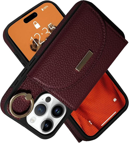 Keallce Wallet Case for iPhone 16 Pro 6.3'', Flip Case with Card Slots, Ring Holder Kickstand, PU Leather Protective Folio Cover for Women, Red