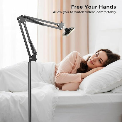 Magnetic Bed Phone Holder for Laying Down, Bedside Floor Stand with Adjustable Arm for iPhone, Headboard Phone Mount for Reading Watch Movies