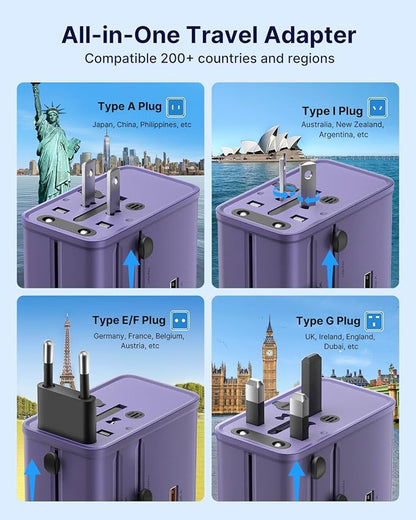 VINTAR 70W GaN Universal Travel Adapter, 5 in 1 with 3 USB-C PD& 1 USB-A QC | International Power Adapter with 70W GaN Fast Charging, All-in-one for EU UK USA AUS, Worldwide Travel Essentials, Purple