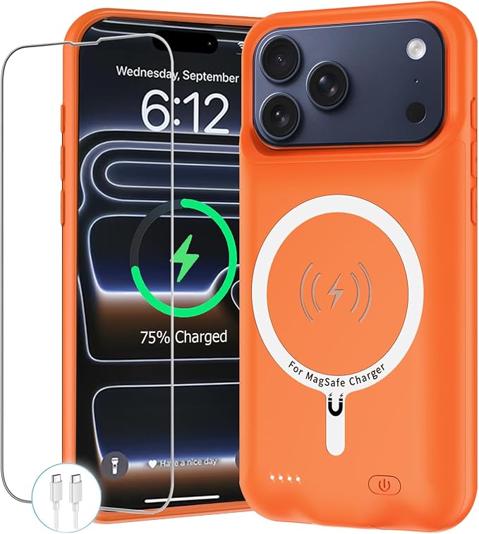 Battery Case for iPhone 17 Pro, 10000mAh Protective Charging Case with Wireless Charging Compatible with iPhone 17 Pro (6.3 inch) Rechargeable Extended Battery Pack Charger Case with Carplay (Orange)