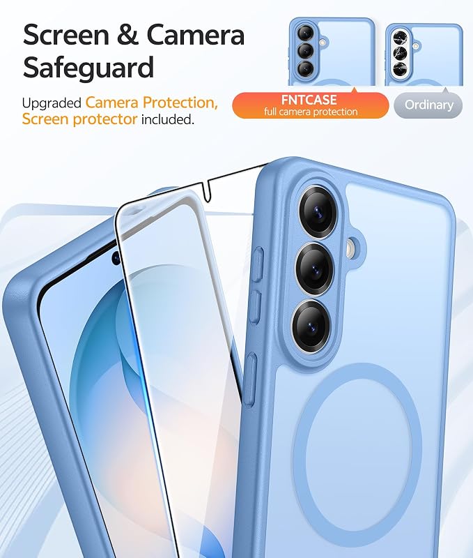 FNTCASE for Samsung Galaxy S26+ Plus Case: [Fit for Magsafe] [Full Camera Protection + Screen Protector] Translucent Matte Military Grade - Shockproof Protective Phone Cover for S26 Plus - Light Blue
