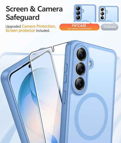 FNTCASE for Samsung Galaxy S26 Case: [Fit for Magsafe] [Full Camera Protection & Screen Protector] Translucent Matte Military Grade - Shockproof Protective Phone Cover for Samsung S 26 - Light Blue