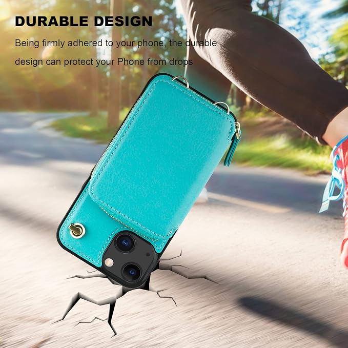 Bocasal Crossbody Wallet Case for iPhone 14/13, RFID Blocking Leather Purse Case with Card Holder, Protective Handbag Flip Cover with Zipper Wrist Strap Lanyard for Women 5G 6.1 Inch (Mint Green)